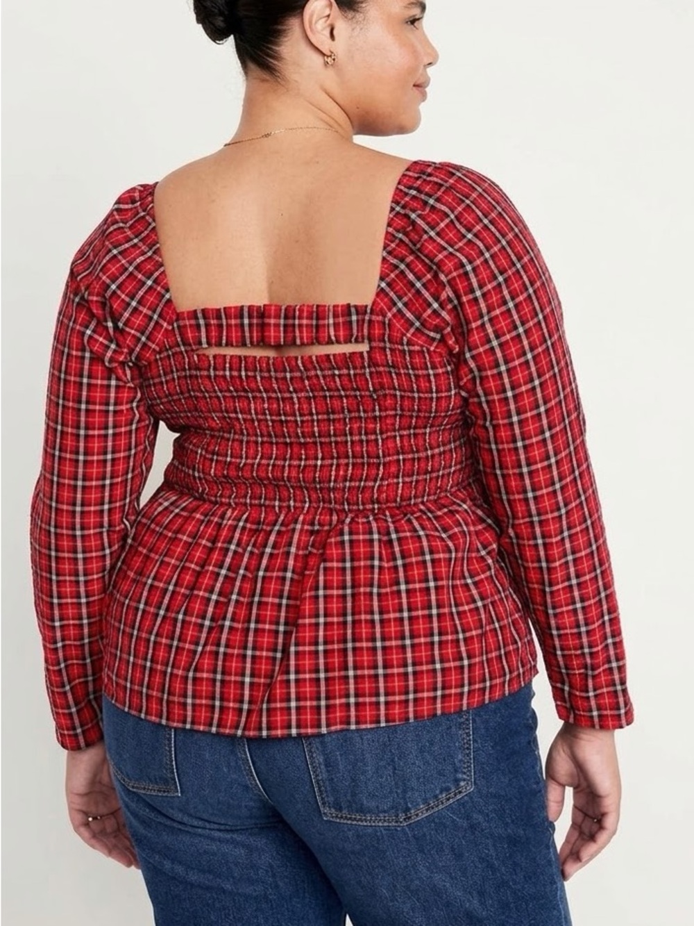 Red Plaid Smocked Peplum Blouse Old Navy Women’s 2X Square Neck Long Sleeve